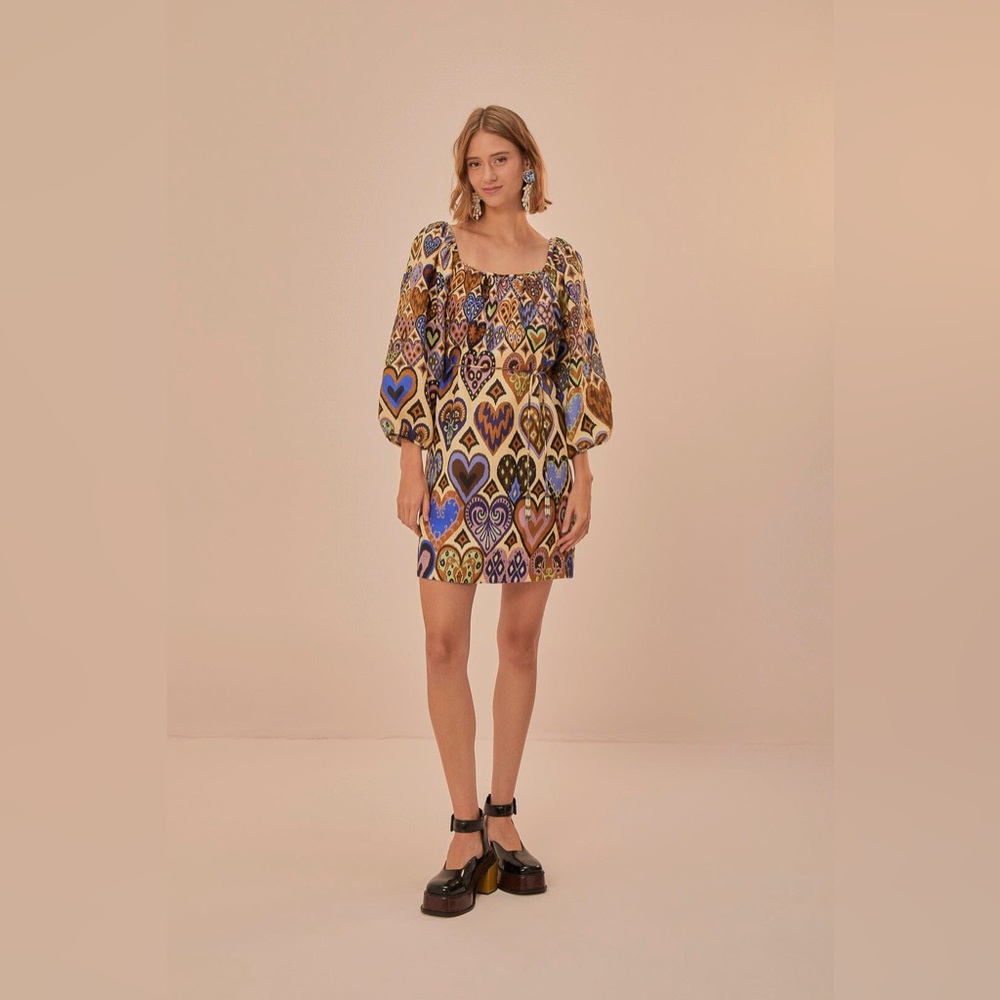 NWOT Farm Rio Hearts Ikat Long Sleeve Square Neckline Mini Dress Cream S